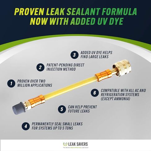Leak Saver Direct Inject Small System with UV Dye - Refrigerant Leak Sealer - Detects Large Leaks - Ideal for Most Small Home Appliances and HVAC Systems up to 1 Ton - Proudly Made in The USA in Saudi Arabia