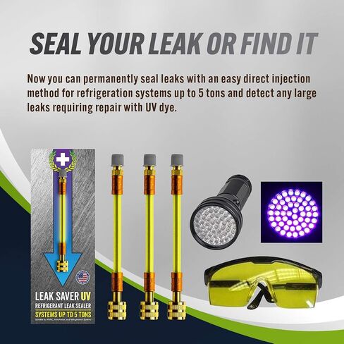 Leak Saver Direct Inject Small System with UV Dye - Refrigerant Leak Sealer - Detects Large Leaks - Ideal for Most Small Home Appliances and HVAC Systems up to 1 Ton - Proudly Made in The USA in Saudi Arabia