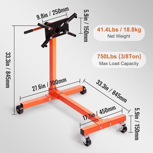 VEVOR Engine Stand, 750 lbs (3/8 Ton) Rotating Engine Motor Stand with 360 Degree Adjustable Head, Cast Iron Motor Hoist Dolly, 4-Caster, 4 Adjustable Arms, for Vehicle Maintenance, Auto Repair in Saudi Arabia