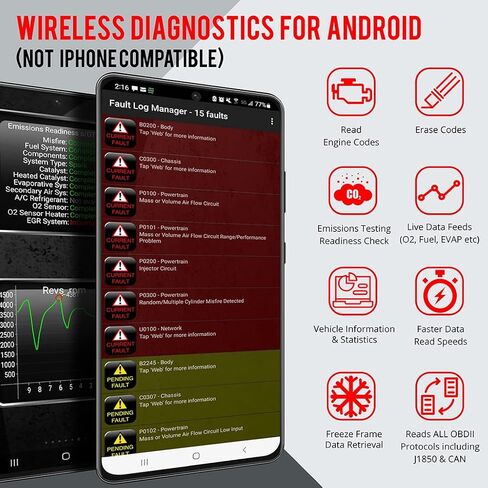for Android Phones ONLY - Wireless Bluetooth Diagnostic OBD2 Scanner Car Code Reader and Scan Tool for All 1996 & Newer Vehicles ELM327 Compatible OBDII in Kuwait