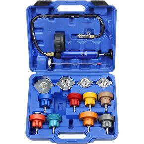 Coolant Pressure Tester Kit, Manual Pump Radiator Pressure Tester and Adapters Work on Cooling System Leak Down Test for Cars Motorcycles Trucks Airlifts, 14PCS Automotive Tools Black