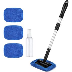 AstroAI Windshield Cleaner, Microfiber car Window Cleaner with 4 Reusable and Washable Microfiber Pads and Extendable Handle Auto Inside Glass Wiper Kit Blue
