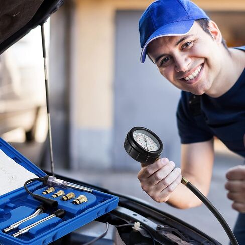 طقم اختبار ضغط السيارات مكون من 9 قطع واختبار شمعة الإشعال، أدوات اختبار محرك السيارات والدراجات النارية العالمية لقياس ضغط الأسطوانة (أزرق) in Kuwait