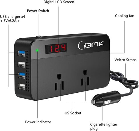 BMK 200W Car Power Inverter DC 12V to 110V AC Car Inverter 4 USB Ports Charger Adapter Car Plug Converter with Switch and Current LCD Screen in Saudi Arabia