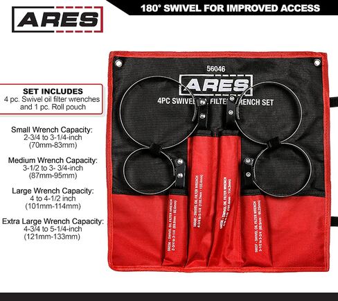 ARES 56065-4-Piece Swivel Oil Filter Wrench Set with Storage Pouch - Wrenches Cover 2 3/4-Inch to 5 1/4-Inch (70mm to 133mm) Diameter Filters - 180-Degree Swivel - Automatically Tightens on Filter in Saudi Arabia