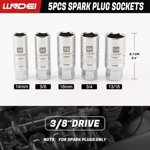 LLNDEI 3/8-Inch Drive Spark Plug Socket Set 7PCS, SAE & Metric, 5/8-inch, 3/4-inch, 13/16-inch, 14mm, 18mm, CR-V Steel Mirror Finish Sockets with Rubber Retaining Rings, Universal Joint, Extension Bar in Saudi Arabia