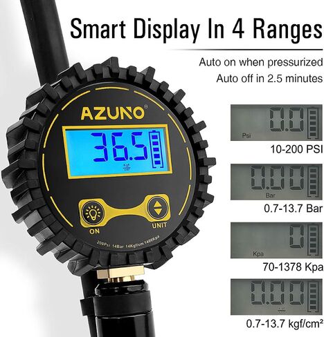 AZUNO Digital Tire Inflator with Pressure Gauge, 200 PSI, Heavy Duty Air Compressor Accessories, w/Rubber Hose Lock on Air Chuck and Quick Connect Coupler in Saudi Arabia