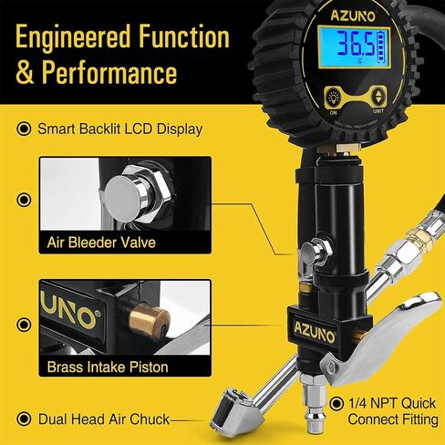 AZUNO Digital Tire Inflator with Pressure Gauge, 200 PSI, Heavy Duty Air Compressor Accessories, w/Rubber Hose Lock on Air Chuck and Quick Connect Coupler in Saudi Arabia
