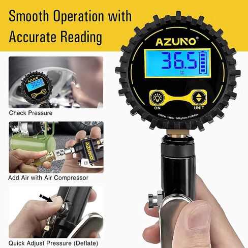 AZUNO Digital Tire Inflator with Pressure Gauge, 200 PSI, Heavy Duty Air Compressor Accessories, w/Rubber Hose Lock on Air Chuck and Quick Connect Coupler in Saudi Arabia