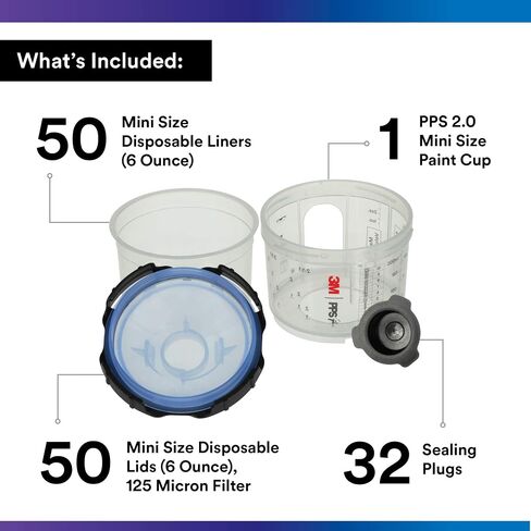 مجموعة أكواب وأغطية وبطانات 3M PPS 2.0، 26328، ميكرو، 88 جرام، فلتر 125 ميكرون، تستخدم للسيارات والأثاث والمنزل والمزيد، كوب طلاء صغير، 50 بطانة صغيرة، 50 غطاءًا، 32 سدادة إغلاق in Kuwait