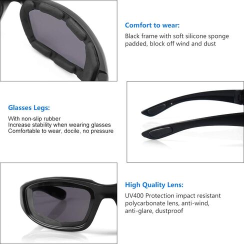3 Pair Motorcycle Riding Glasses Padding Goggles UV Protection Dustproof Windproof Motorcycle Sunglasses for Outdoor Actives in Kuwait