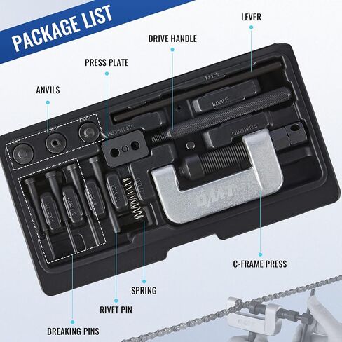 OMT Chain Breaker, 19pc Motorcycle Chain Tool with C Frame 3 Anvils 5 Break Tips, Dirt Bike ATV Motorcycle Chain Breaker Tool Kit Chain Rivet Chain Link Removal Tool for Cam & 25 to 630 Chains, Black in Kuwait