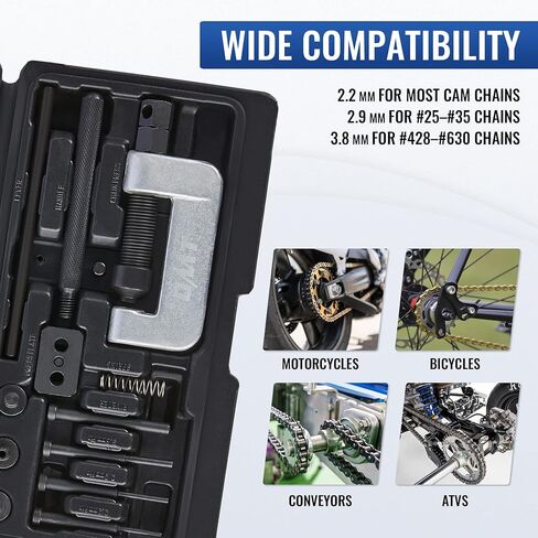 OMT Chain Breaker, 19pc Motorcycle Chain Tool with C Frame 3 Anvils 5 Break Tips, Dirt Bike ATV Motorcycle Chain Breaker Tool Kit Chain Rivet Chain Link Removal Tool for Cam & 25 to 630 Chains, Black in Kuwait