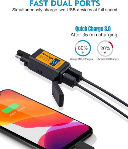 Motorcycle USB Charger, Mroinge 36W SAE to USB Adapter Dual Port QC3.0/2.0 Fast Charge, with Voltmeter/Ammeter & ON/Off Switch & 10A Fuse, Perfect for Your Phone or Smart Device Charging in Kuwait