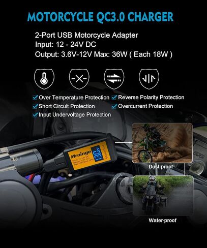 Motorcycle USB Charger, Mroinge 36W SAE to USB Adapter Dual Port QC3.0/2.0 Fast Charge, with Voltmeter/Ammeter & ON/Off Switch & 10A Fuse, Perfect for Your Phone or Smart Device Charging in Kuwait