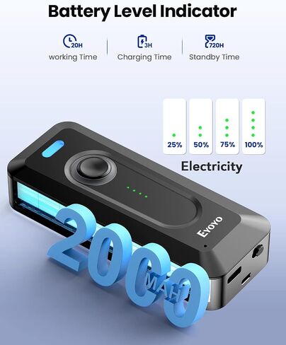 Eyoyo 2D Bluetooth Barcode Scanner with Clip, 2000mAh Battery with Level Indicator, Portable Mini Wireless QR Bar Code Reader for Library Book Inventory Compatible with iPhone, iPad, Android Phone in Saudi Arabia