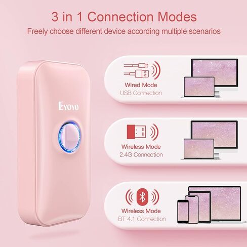 Eyoyo Mini 1D ماسح الباركود بلوتوث | 3 في 1 بلوتوث وUSB سلكي و2.4 جيجا لاسلكي، قارئ رمز شريطي محمول، يعمل مع Windows، Android، iOS، الأجهزة اللوحية أو أجهزة الكمبيوتر in Kuwait