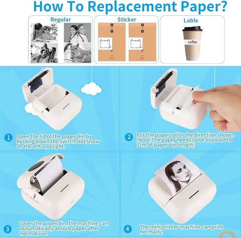 HuiJuKeJi Mini Sticker Printer Bluetooth Smart Pocket Inkless Thermal Printer with 10 Rolls Thermal Paper and Sticker for iOS&Android, Portable Receipt Printer for Photo Journal Notes Memo in Kuwait