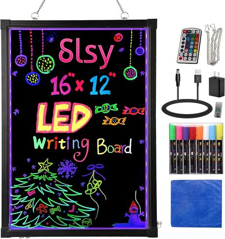 لوحة كتابة رسائل LED مضيئة Slsy، لوحة تسجيل قائمة بتأثير نيون قابلة للمسح مقاس 20 × 28 بوصة مع 8 صانعات فلورسنت، 26 وضعًا وامضًا، لوحة رسائل للتحكم عن بعد in Kuwait