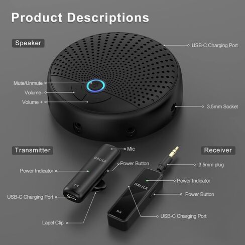 باليلا مكبر صوت USB للمؤتمرات والمؤتمرات والميكروفون مع 5 ميكروفونات لاسلكية، ميكروفون كمبيوتر محمول متعدد الاتجاهات للبث ومكالمات سكايب والندوات عبر الإنترنت والمقابلات in Kuwait