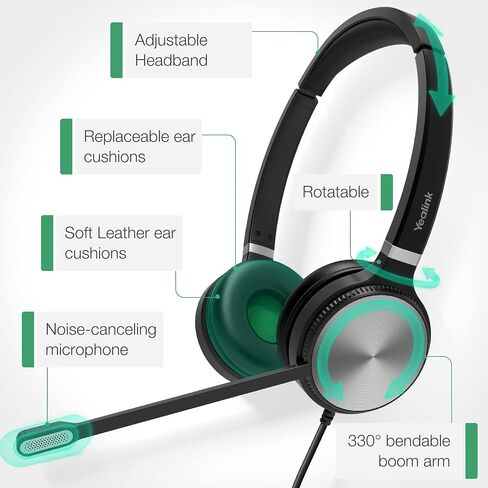 Yealink Phone Headsets for Office Phones YHS34 Lite QD to RJ9 Wired Headset for Yealink Compatible with Poly Snom Grandstream Phones Desk Landline Headset with Microphone -Dual/111g/2.1m Cable in Saudi Arabia