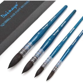 Dainayw Professional Mop Watercolor Brushes, Squirrel Hair & Horse Hair Synthetic Blend Round Paint Brush Set for Art Painting, Gouache, 4 Size, Blue Handle in Kuwait