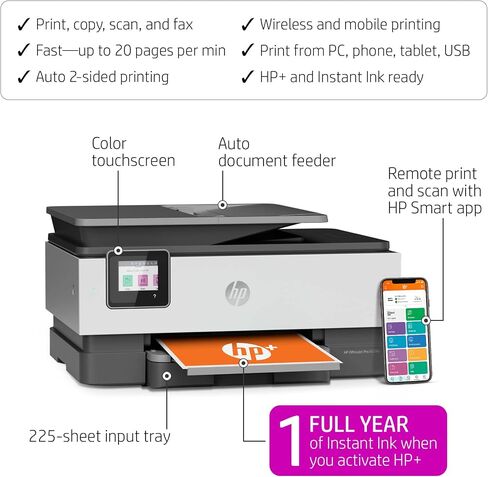طابعة HP OfficeJet Pro 8034e لاسلكية الكل في واحد ملونة مع حبر فوري لمدة عام كامل، أبيض in Saudi Arabia