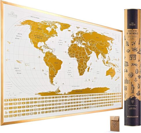 خريطة العالم للخدش مقاس XL مع الأعلام - مقاس 36 × 24 سهلة التأطير ملصق فني جداري لخريطة العالم مع الولايات والأعلام الأمريكية - خريطة العالم الفاخرة للخدش مصممة للمسافرين in Kuwait