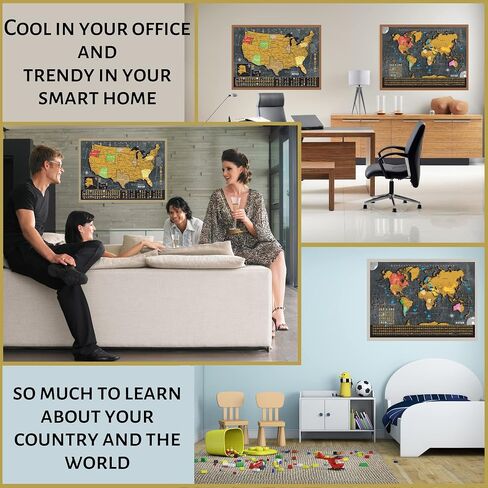 Scratch Off World Map Poster - 17x24 inches - Bonus United States Map. Detailed outlined States, flags/capitals/populations/landmarks/monuments/time zones; full Accessories Set & Name-tag Gift Box in Saudi Arabia