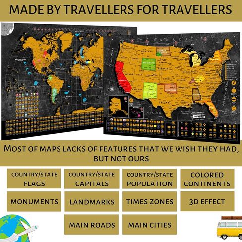 Scratch Off World Map Poster - 17x24 inches - Bonus United States Map. Detailed outlined States, flags/capitals/populations/landmarks/monuments/time zones; full Accessories Set & Name-tag Gift Box in Saudi Arabia