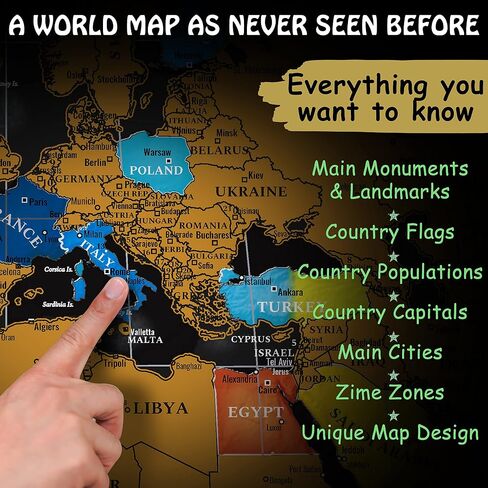Scratch Off World Map Poster - 17x24 inches - Bonus United States Map. Detailed outlined States, flags/capitals/populations/landmarks/monuments/time zones; full Accessories Set & Name-tag Gift Box in Saudi Arabia