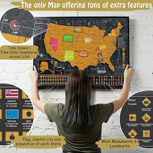 Scratch Off World Map Poster - 17x24 inches - Bonus United States Map. Detailed outlined States, flags/capitals/populations/landmarks/monuments/time zones; full Accessories Set & Name-tag Gift Box in Saudi Arabia