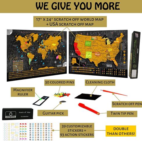 Scratch Off World Map Poster - 17x24 inches - Bonus United States Map. Detailed outlined States, flags/capitals/populations/landmarks/monuments/time zones; full Accessories Set & Name-tag Gift Box in Saudi Arabia