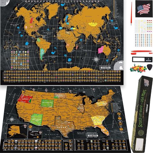 Scratch Off World Map Poster - 17x24 inches - Bonus United States Map. Detailed outlined States, flags/capitals/populations/landmarks/monuments/time zones; full Accessories Set & Name-tag Gift Box in Saudi Arabia