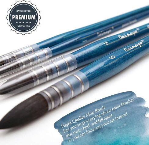 Dainayw Professional Mop Watercolor Brushes, Squirrel Hair & Horse Hair Synthetic Blend Round Paint Brush Set for Art Painting, Gouache, 4 Size, Blue Handle in Kuwait