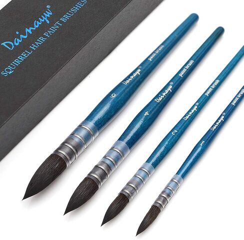 Dainayw Professional Mop Watercolor Brushes, Squirrel Hair & Horse Hair Synthetic Blend Round Paint Brush Set for Art Painting, Gouache, 4 Size, Blue Handle in Kuwait