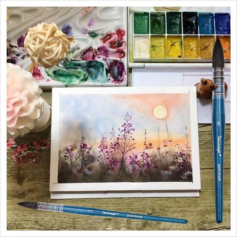 Dainayw Professional Mop Watercolor Brushes, Squirrel Hair & Horse Hair Synthetic Blend Round Paint Brush Set for Art Painting, Gouache, 4 Size, Blue Handle in Kuwait