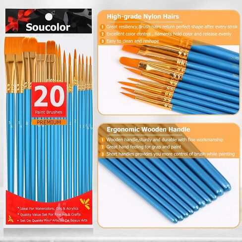 Soucolor Acrylic Paint Brushes Set, 20Pcs Round Pointed Tip Artist Paintbrushes for Acrylic Painting Oil Watercolor Canvas Boards Rock Body Face Nail Art, Halloween Pumpkin Ceramic Crafts Supplies in Saudi Arabia