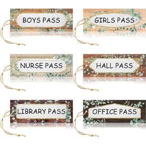 6Pcs Back to School Eucalyptus Hall Pass Farmhouse Classroom Magnetic Passes Reusable Waterproof Pass Card Set Nurse Pass Restroom Pass Library Pass Office Pass Teachers Classroom Supplies