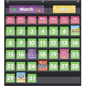EAMAY Classroom Monthly Calendar Pocket Chart with 71 Cards for Kids Learning for Home,Homeschool Supplies and Classroom Must Haves!(Black) in Kuwait