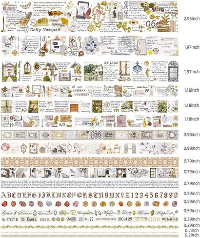 Draupnir 18 Rolls of Vintage Washi Tape Set,3/2/1.2/1/0.8/0.6/0.4/0.2inch Wide Decorative Tapes for Scrapbook Supplies,Junk Journal,Aesthetic Bullet Journal,Planner,Craft,DIY Decor,Gift Wrapping in Saudi Arabia