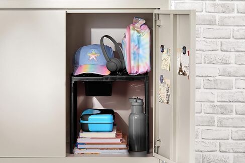 رف ومنظم خزانة LockerMate Adjust-A-Shelf، يمتد ليناسب خزانتك، ويتضمن درج تخزين، أسود in Kuwait