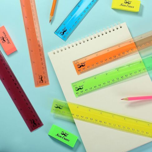 مستر.بين - 12 انش، 6 عبوات، الوان متنوعة، مسطرة اطفال للمدرسة مع سنتيمتر وانش، مسطرة بلاستيكية معيارية، شفافة in Saudi Arabia