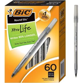 BIC Round Stic Xtra Life Ballpoint Pens, Medium Point (1.0mm), Black, 60-Count Pack, Flexible Round Barrel For Writing Comfort (GSM609-BLK) in Kuwait