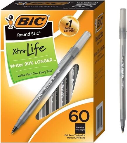BIC Round Stic Xtra Life Ballpoint Pens, Medium Point (1.0mm), Black, 60-Count Pack, Flexible Round Barrel For Writing Comfort (GSM609-BLK) in Kuwait