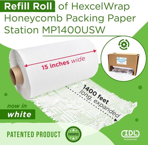 IDL Packaging 15.25" x 1400' Refill Roll (Pack of 1) for MP-1400USW HexcelWrap Honeycomb Packing Paper Station, White - Protective Kraft Paper with Interlocking Slit Design for Shipping in Saudi Arabia
