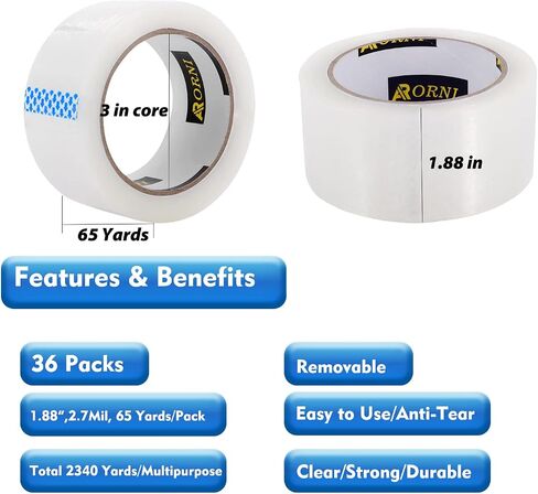 Clear Packing Tape Heavy Duty Refill Rolls Sealing Great for Packing Box Shipping and Moving Supplies Packaging 36 Rolls 1.88" x 65 Yards 3" Core 2.7 Mil Thick Adhesive in Saudi Arabia