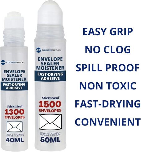 لاصق مرطب للظرف سريع الجفاف (عبوتان) - زجاجات 1 × 50 مل و1 × 40 مل على شكل قلم - سهل التنظيف والغلق، شفاف وقابل للضغط - مثالي للمغلفات والطوابع والحروف. باي المستلزمات التنفيذية in Kuwait