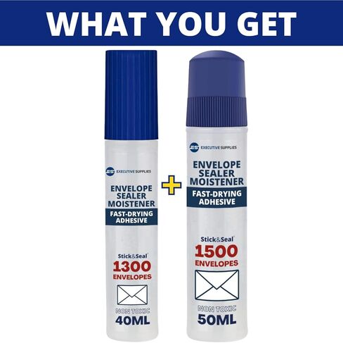 لاصق مرطب للظرف سريع الجفاف (عبوتان) - زجاجات 1 × 50 مل و1 × 40 مل على شكل قلم - سهل التنظيف والغلق، شفاف وقابل للضغط - مثالي للمغلفات والطوابع والحروف. باي المستلزمات التنفيذية in Kuwait