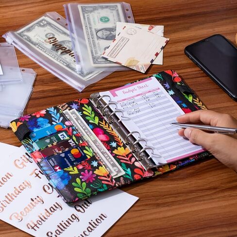 حافظة ميزانية A6 لحفظ المال، مخطط ميزانية من جلد البولي يوريثان مع 8 مظاريف نقدية، أوراق ميزانية وملصقات من فئة الذهب الوردي، منظم أموال لحافظة النقود (الفهد) in Kuwait